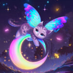Artistic rendering of a rainbow-colored kitten with butterfly wings, perched on a floating crescent moon above an enchanted forest, chasing glowing stars.