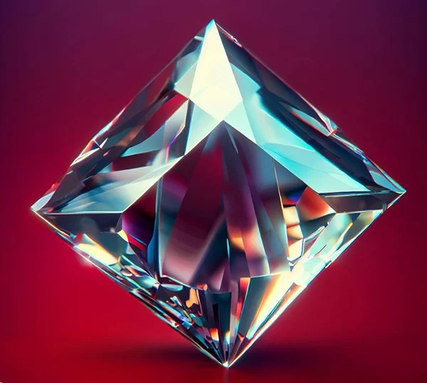 A hyper-realistic 3D diamond crystal captured by a Hasselblad camera, positioned against a contrasting plain red background with a hint of film grain. Caption: Marvel at the splendor of this intricately detailed diamond crystal!