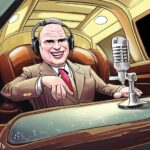 Cartoon of Don LaFontaine recording voice over in limousine