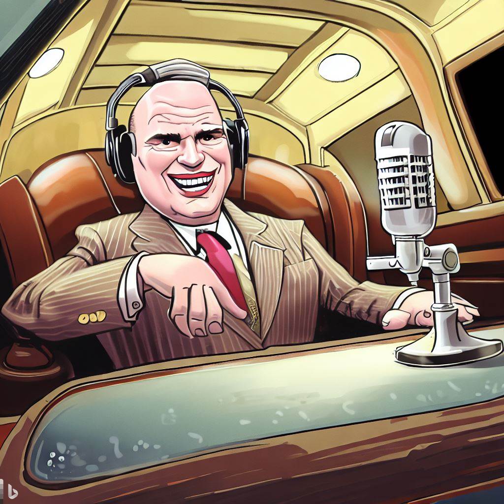 Cartoon of Don LaFontaine recording voice over in limousine