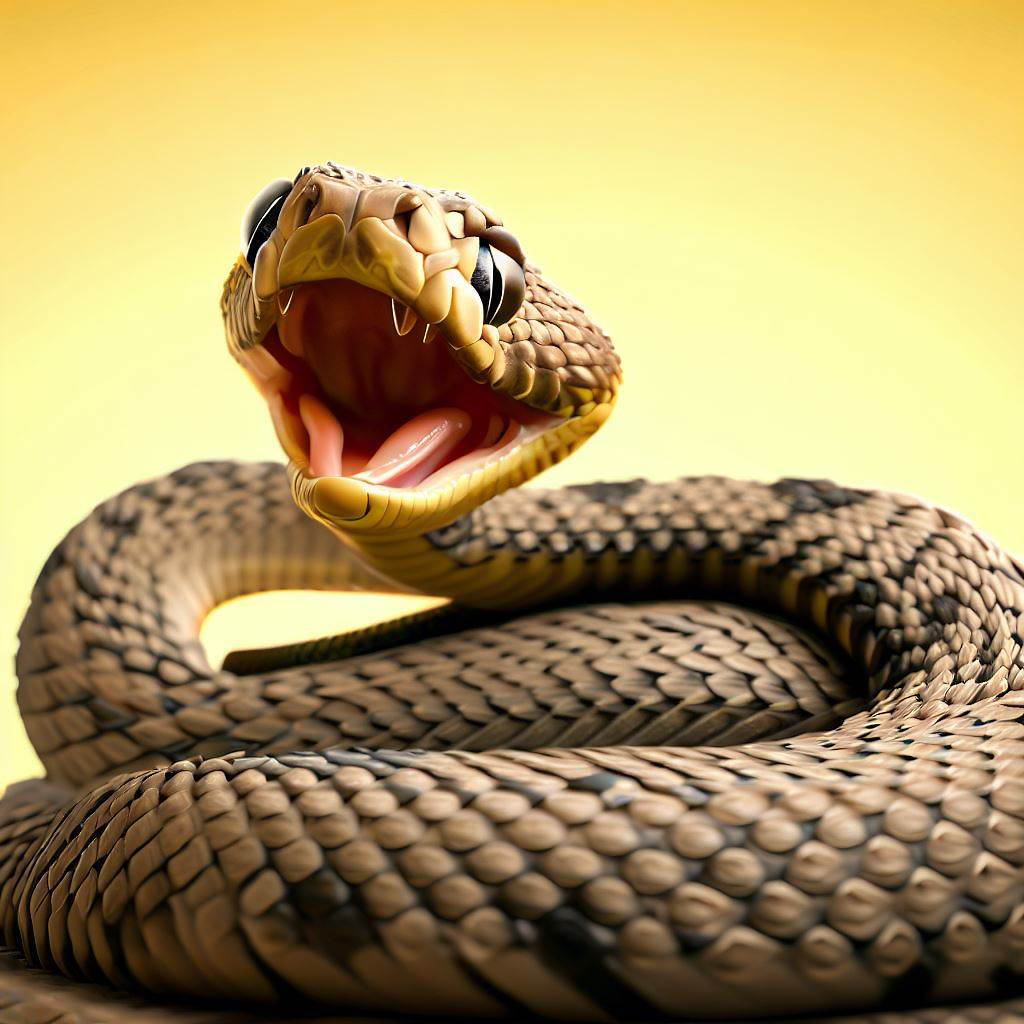 A friendly, hyper realistic rattlesnake shaking its rattle, against a yellow background.