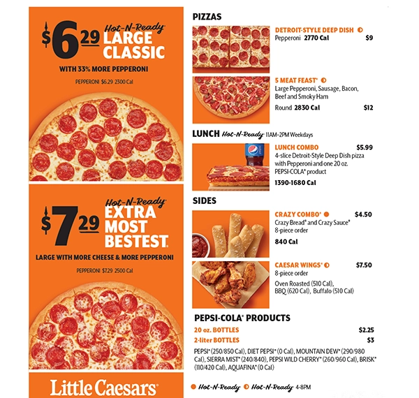 An enticing display of Little Caesars' full menu showing a wide variety of pizza options and other delectable items.
