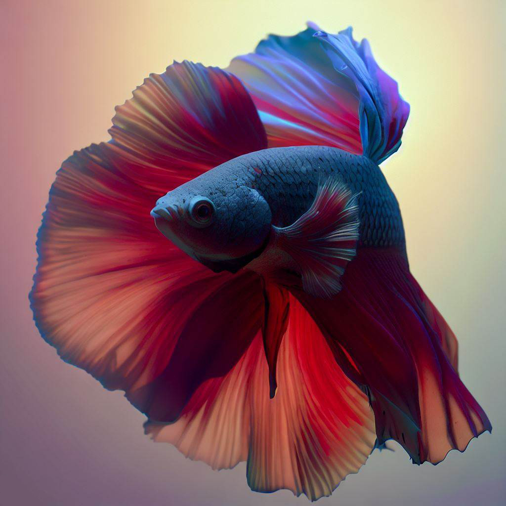 A hyper-realistic and 3D image of a beta fish in a playful pose, shot on a Hasselblad film camera, featuring a slight film grain against a contrasting light background.