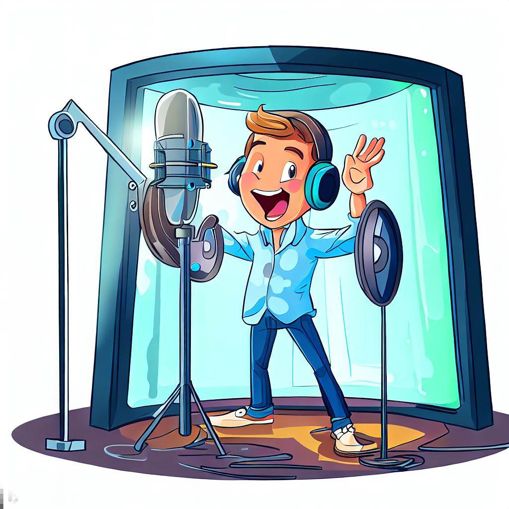 cartoon voice actor performing in a sound booth