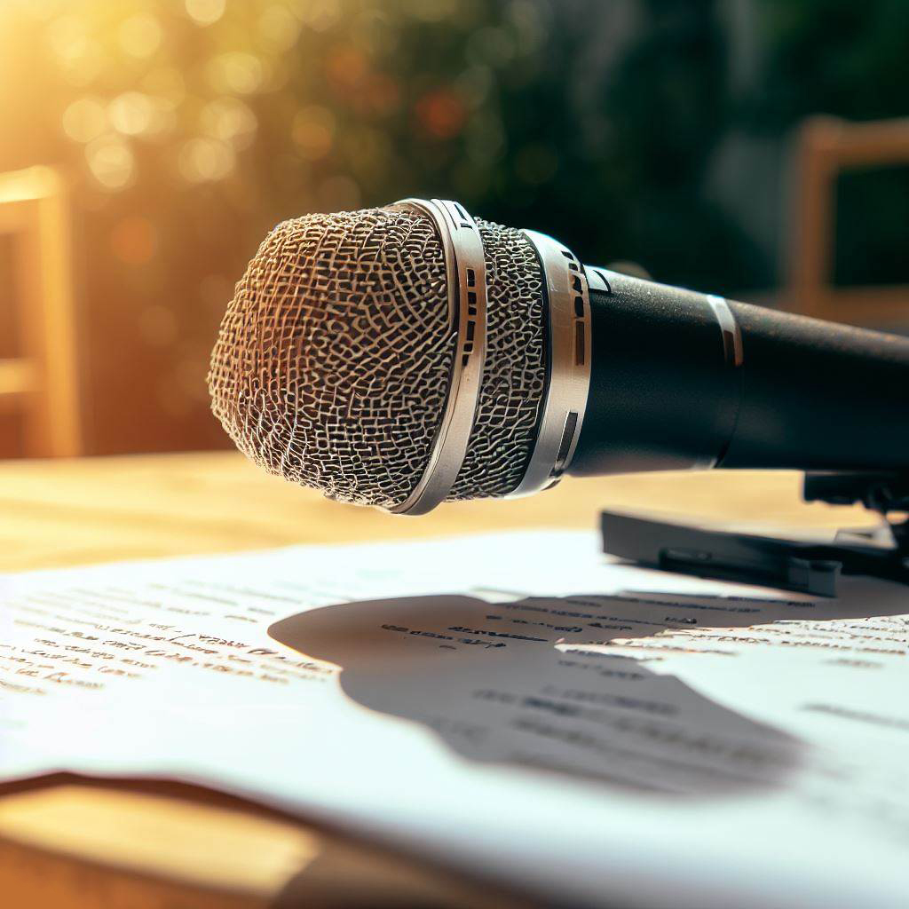 Microphone and script symbolizing voice over casting call