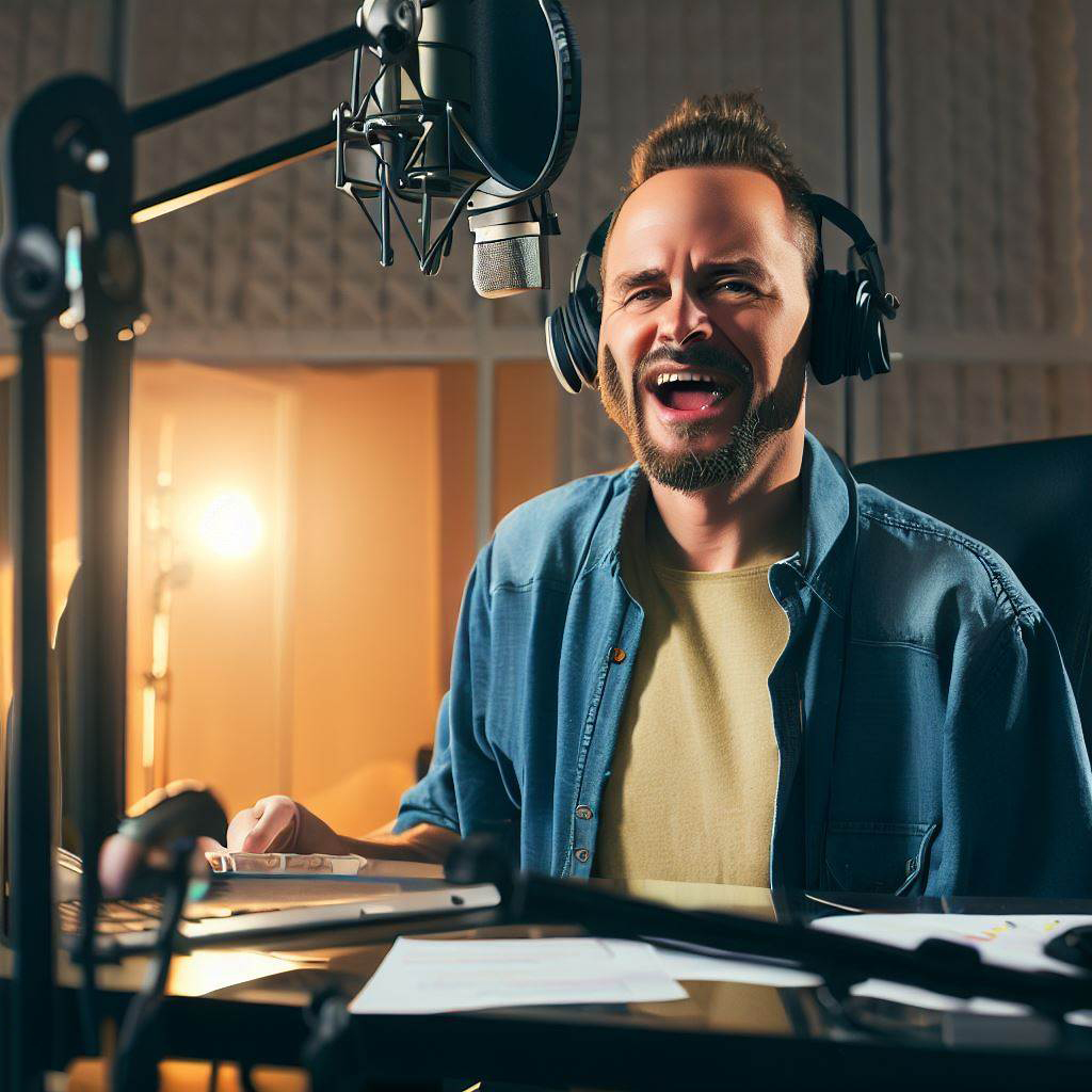 An individual records a voice over job they landed on Fiverr.