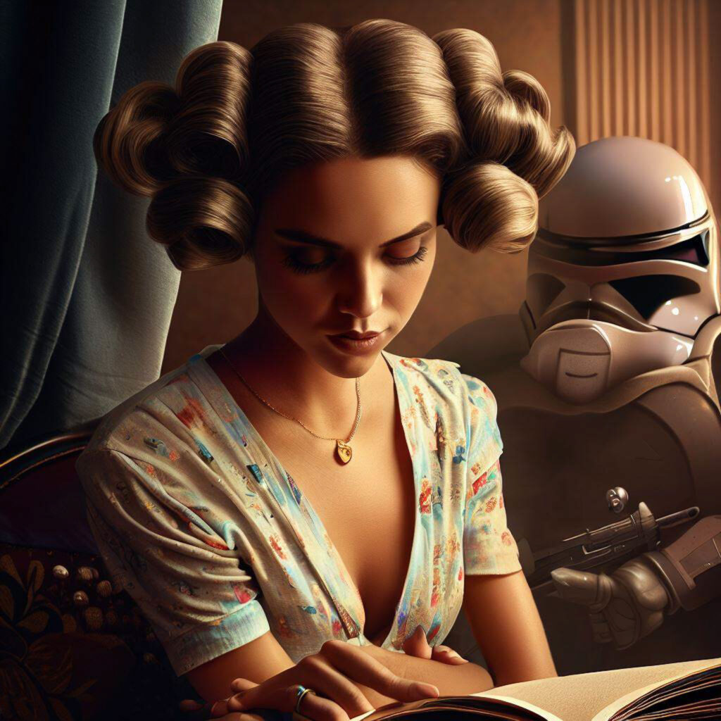 A digitally rendered image of a woman engrossed in reading, with a Star Wars Stormtrooper quietly observing in the background. Art by Gregg Brown.