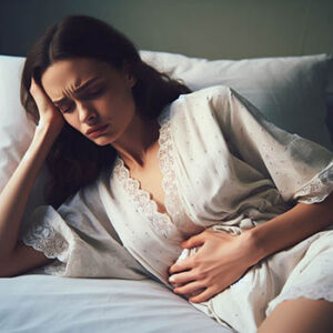 Woman in bed with her stomach flu treatment. 