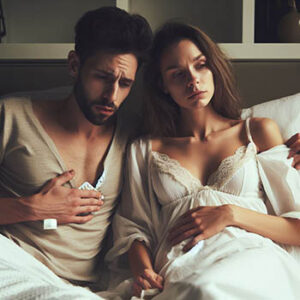 Couple in bed with gastric flu remedies. 